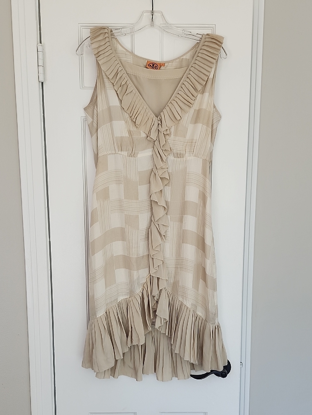Tory Burch Beige Check Ruffle V-Neck Midi Dress